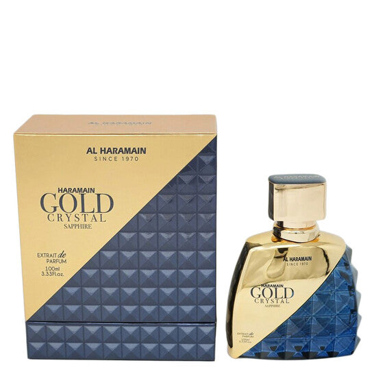 image showing the bottle and packaging for Al Haramain Gold Crystal Sapphire Cologne By Al Haramain Eau De Parfum Spray 100ml