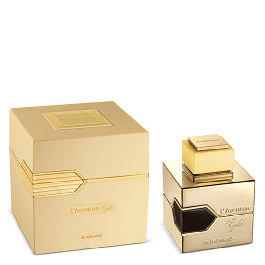 image showing the bottle and packaging for Al Haramain L'aventure Gold Perfume By Al Haramain Eau De Parfum Spray 100ml