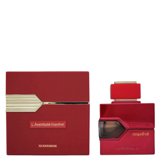 image showing the bottle and packaging for L'aventure Grapefruit Perfume By Al Haramain Extrait De Parfum Spray 100ml