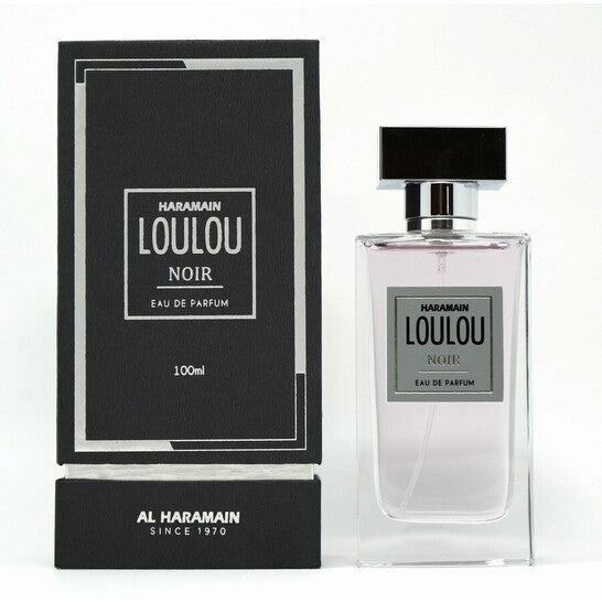 image showing the bottle and packaging for Al Haramain Loulou Noir Cologne By Al Haramain Eau De Parfum Spray 100ml
