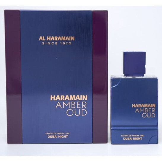 image showing the bottle and packaging for Al Haramain Amber Oud Dubai Night Cologne By Al Haramain Extrait De Parfum Spray 75ml