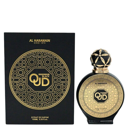 image showing the bottle and packaging for Al Haramain Black Oud Cologne By Al Haramain Extrait De Parfum Spray 98ml