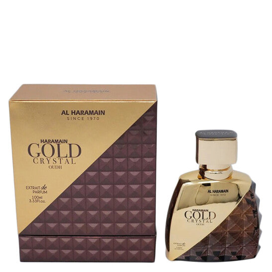 image showing the bottle and packaging for Al Haramain Gold Crystal Oudh Cologne By Al Haramain Extrait De Parfum Spray 100ml