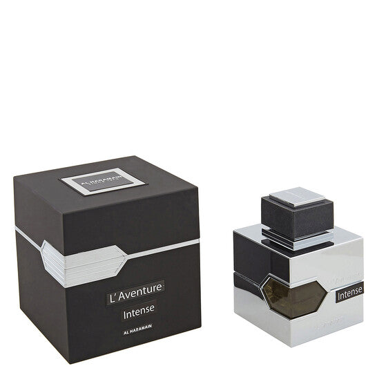 image showing the bottle and packaging for Al Haramain L'aventure Intense Cologne By Al Haramain Eau De Parfum Spray 100ml