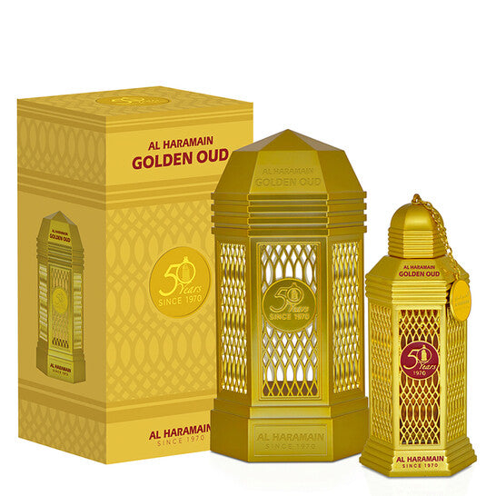 image showing the bottle and packaging for Al Haramain Golden Oud Cologne By Al Haramain Eau De Parfum Spray 100ml