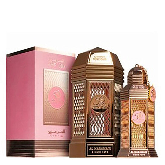 image showing the bottle and packaging for Al Haramain Rose Oud Perfume By Al Haramain Eau De Parfum Spray 100ml