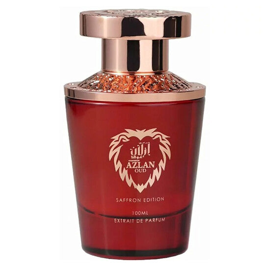 image showing the bottle and packaging for Al Haramain Azlan Oud Saffron Perfume By Al Haramain Extrait De Parfum Spray 100ml