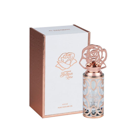image showing the bottle and packaging for Al Haramain Balkan Rose Perfume By Al Haramain Concentrated Perfume Oil 10ml