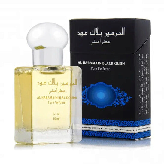 image showing the bottle and packaging for Al Haramain Black Oud Cologne By Al Haramain Eau De Parfum Spray 15ml