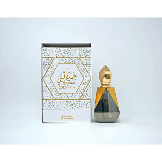 image showing the bottle and packaging for Al Haramain Hayati Gold Cologne By Al Haramain Concentrated Perfume Oil 12ml