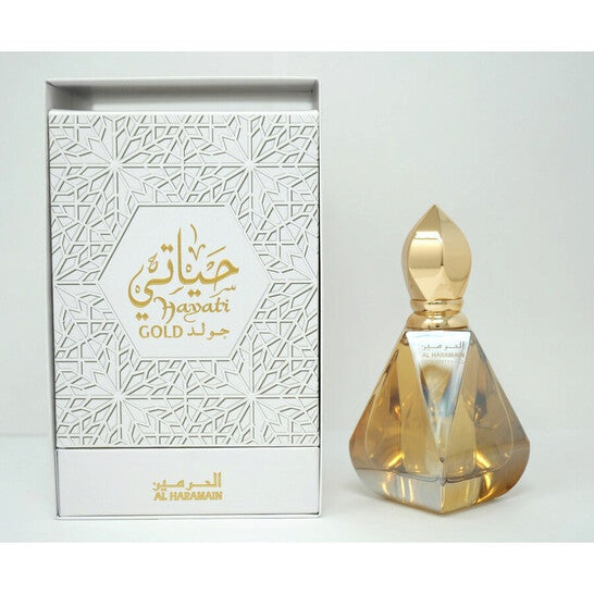 image showing the bottle and packaging for Al Haramain Hayati Gold Cologne By Al Haramain Eau De Parfum Spray 100ml