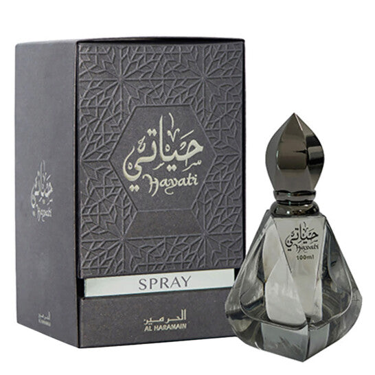 image showing the bottle and packaging for Al Haramain Hayati Cologne By Al Haramain Eau De Parfum Spray 100ml