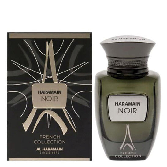 image showing the bottle and packaging for Al Haramain Noir French Collection Cologne By Al Haramain Eau De Parfum Spray 100ml