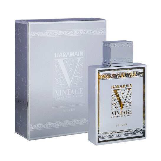 image showing the bottle and packaging for Al Haramain Vintage Silver Cologne By Al Haramain Extrait De Parfum Spray 100ml
