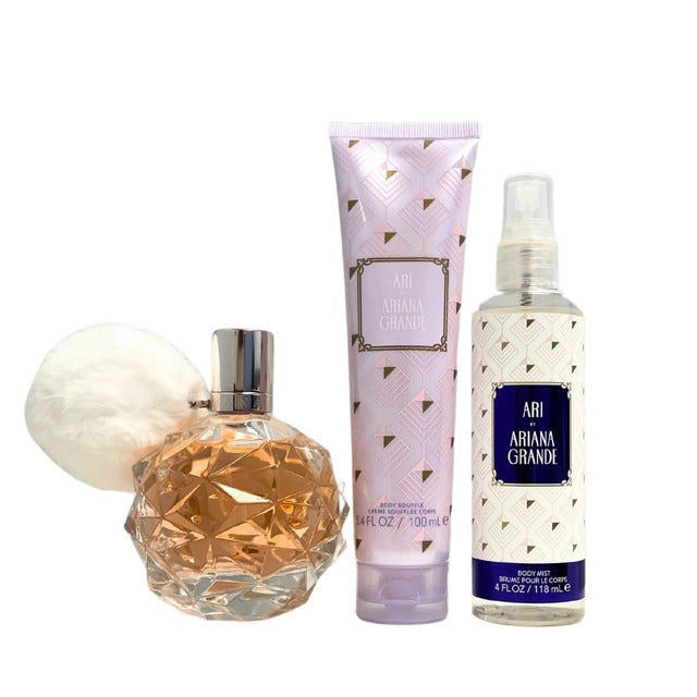 Ariana Grande Ari 3pc Women Gift Set   100ml EDP + 120ml Body Mist + 100ml Body Souffle set  - Just Perfume