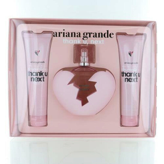 image showing the bottle and packaging for Ariana Grande Thank U, Next 3pc Set   EDP 100ml + Body Souffle 100ml + Bath & Shower Gel 100ml set
