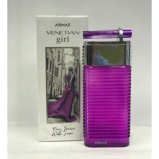 Purple Armaf Venetian Girl perfume bottle with packaging on a white background