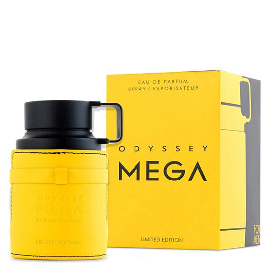 Yellow and black Odyssey Mega perfume bottle and packaging on a white background