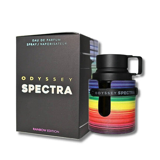image showing the bottle and packaging for Armaf Odyssey Spectra Rainbow Edition Cologne By Armaf Eau De Parfum Spray 100ml