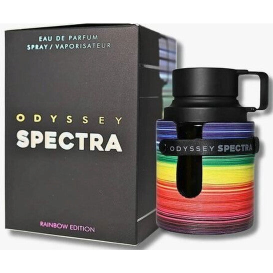Odyssey Spectra perfume bottle with rainbow design and packaging on a white background
