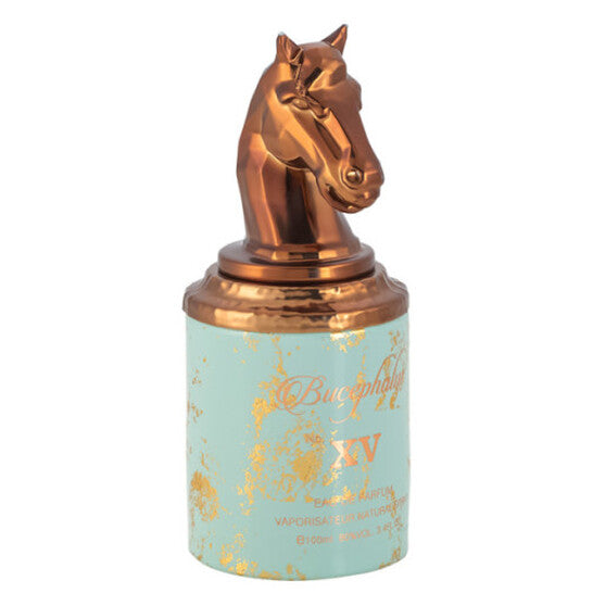 Perfume bottle with horse head design on a light blue background