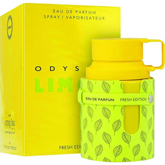 Yellow ODYS perfume bottle with packaging on a white background