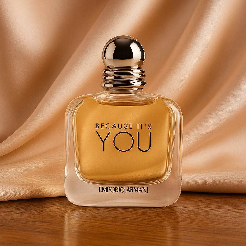 Perfume bottle with 'Because It's You' text and Emporio Armani branding on a beige fabric background