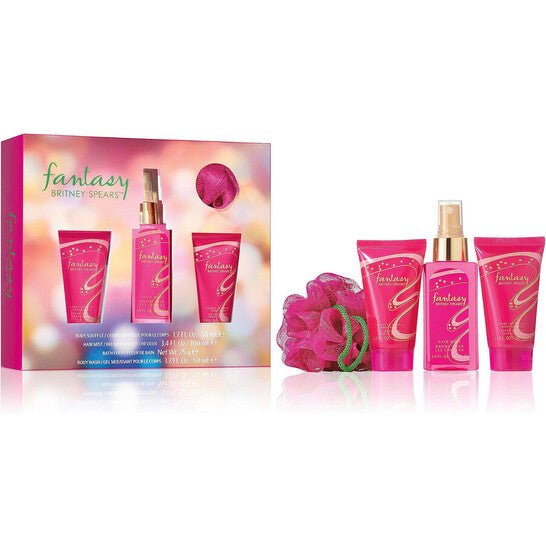 BRITNEY SPEARS FANTASY 4PC SET BODY SOUFFLE 50ML + HAIR MIST 100ML + BODY WASH 50ML + BATH POUF - Just Perfume
