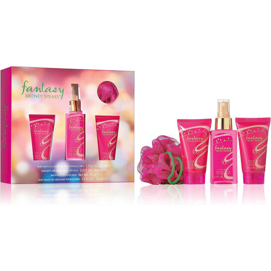 image showing the bottle and packaging for BRITNEY SPEARS FANTASY 4PC SET   BODY SOUFFLE 50ML + HAIR MIST 100ML + BODY WASH 50ML + BATH POUF set