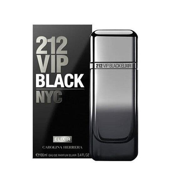 image showing the bottle and packaging for 212 Vip Black Elixir Perfume By Carolina Herrera Eau De Parfum Spray 100ml