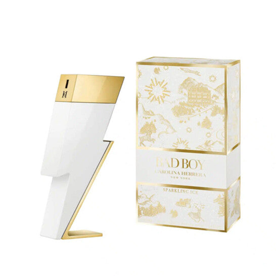 image showing the bottle and packaging for Bad Boy Sparkling Ice Cologne By Carolina Herrera Eau De Toilette Spray 100ml