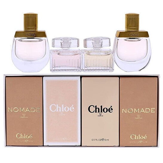 image showing the bottle and packaging for Chloe 4pc Mini Set   Nomade EDT, Rose Tangerine, Chloe, Nomade EDP set
