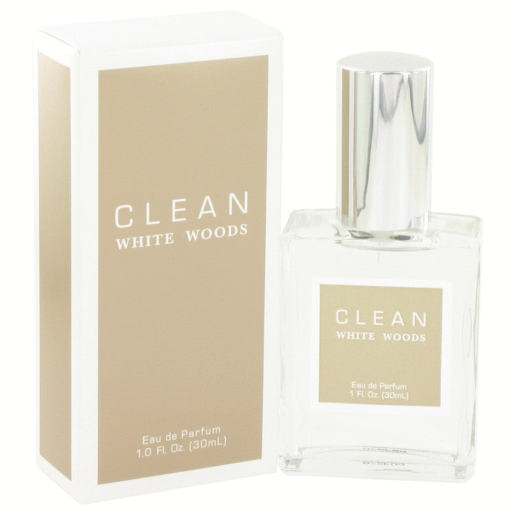 image showing the bottle and packaging for Clean White Woods Perfume By Clean Eau De Parfum Spray (Unisex) 30ml