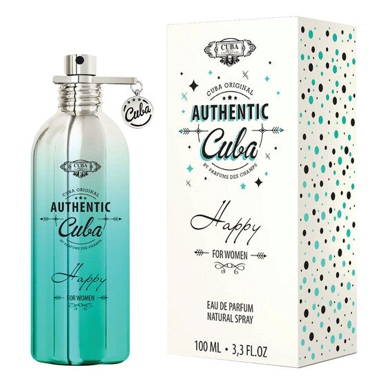image showing the bottle and packaging for Cuba Authentic Happy Perfume By Cuba Eau De Parfum Spray 100ml