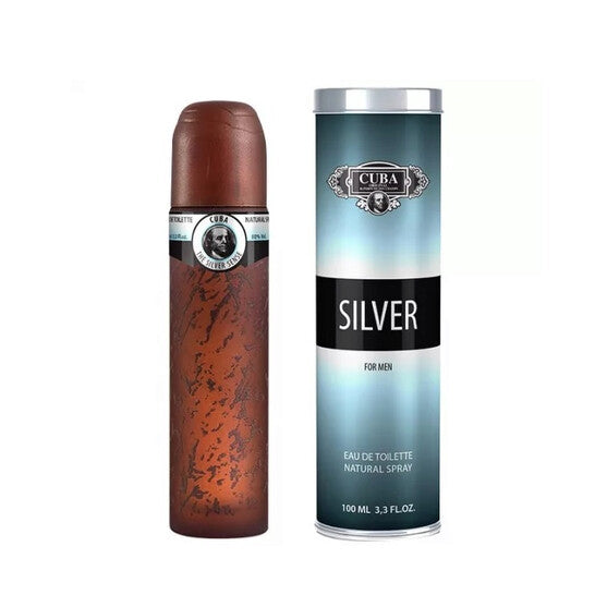 image showing the bottle and packaging for Cuba Silver Cologne By Cuba Eau De Toilette Spray 100ml