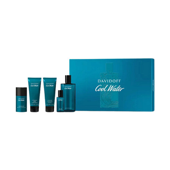 image showing the bottle and packaging for Davidoff Cool Water 5pc Set   EDT 125ml + Deo Stick 75g + Aftershave Balm 75ml + Shower Gel 75ml + Travel Spray 15ml set