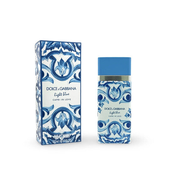 image showing the bottle and packaging for Light Blue Capri In Love Perfume By Dolce & Gabbana Eau De Parfum Spray 100ml