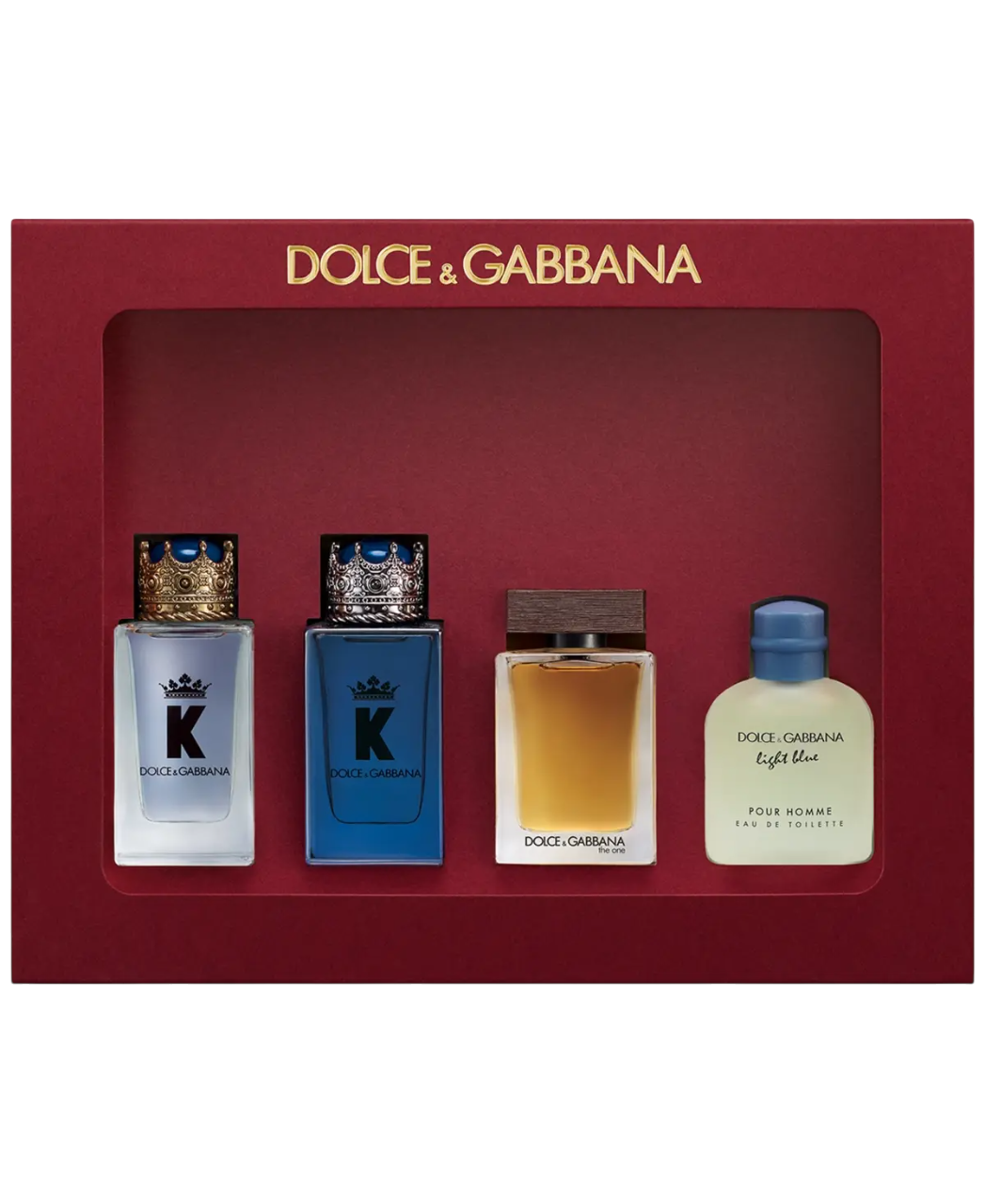 image showing the bottle and packaging for DOLCE & GABBANA 4 PCS MINI SET FOR MEN: "K" EDT 5ML + LIGHT BLUE EDT 4.5 ML + "K" 5 EDP ML + THE ONE EDT 5ML set
