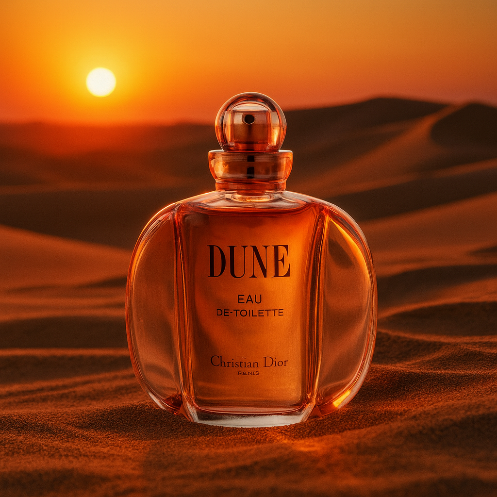 Perfume bottle labeled 'Dune' by Christian Dior against a desert sunset background