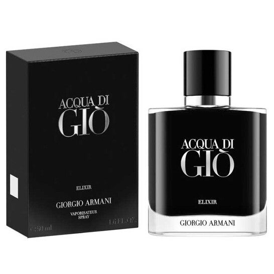 image showing the bottle and packaging for Acqua Di Gio Elixir Perfume By Giorgio Armani Parfum Spray 50ml