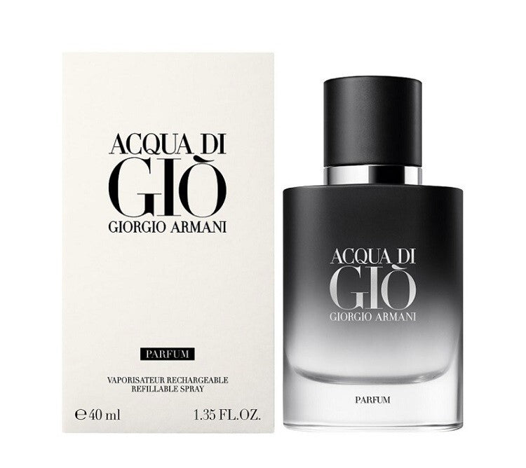 Giorgio Armani Acqua di Gio Parfum bottle next to its cream-colored packaging box, on a solid white background.