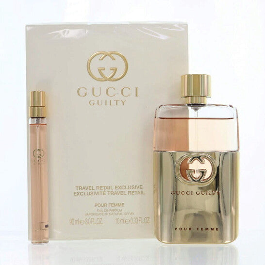 image showing the bottle and packaging for GUCCI GUILTY (L) 2PC SET   EDP 90ML + PURSE SPRAY 10ML set
