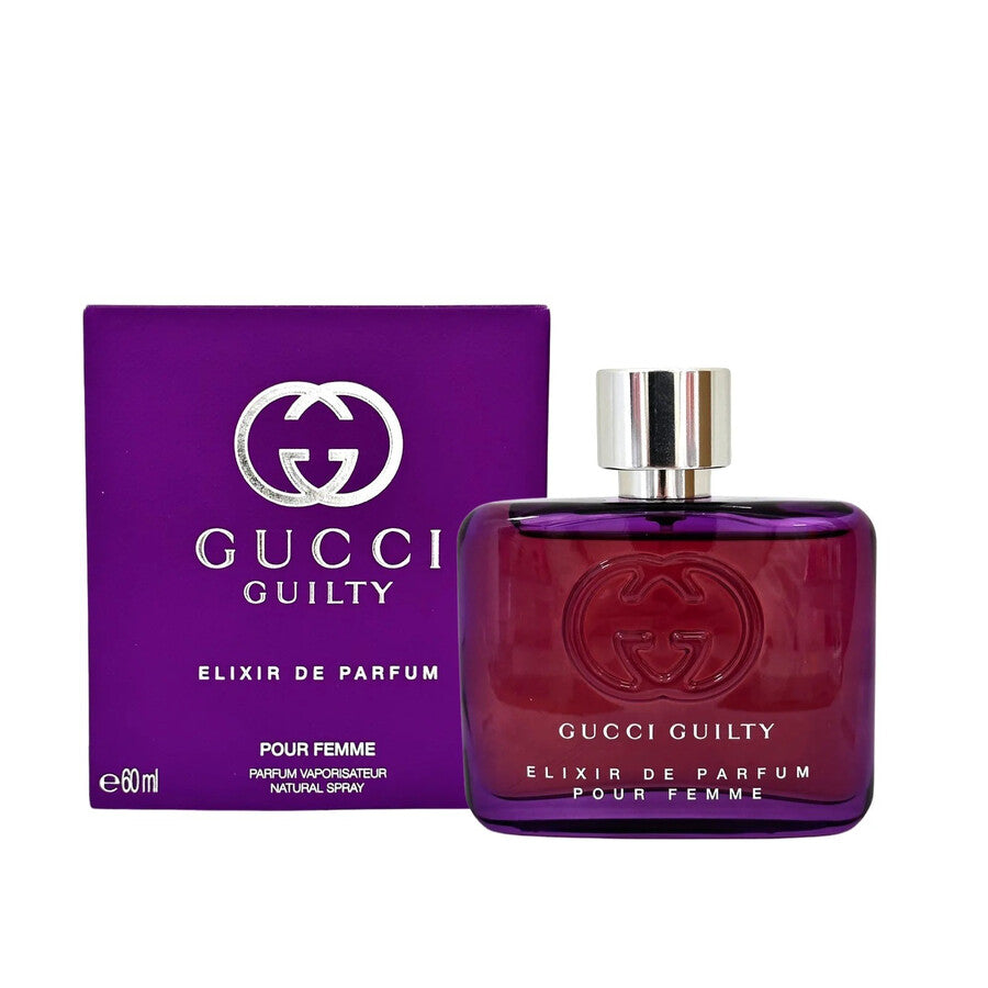 image showing the bottle and packaging for Gucci Guilty Pour Femme Elixir Perfume By Gucci Eau De Parfum Spray 60ml