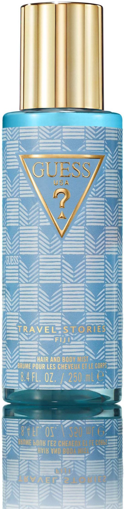 image showing the bottle and packaging for Guess Travel Stories Fiji Perfume By Guess Body Mist 250ml