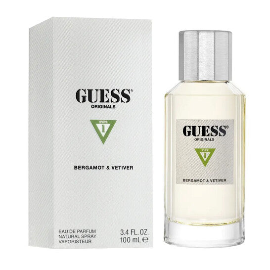 image showing the bottle and packaging for Guess Originals Type 1 Bergamot & Vetiver Cologne By Guess Eau De Parfum Spray 100ml