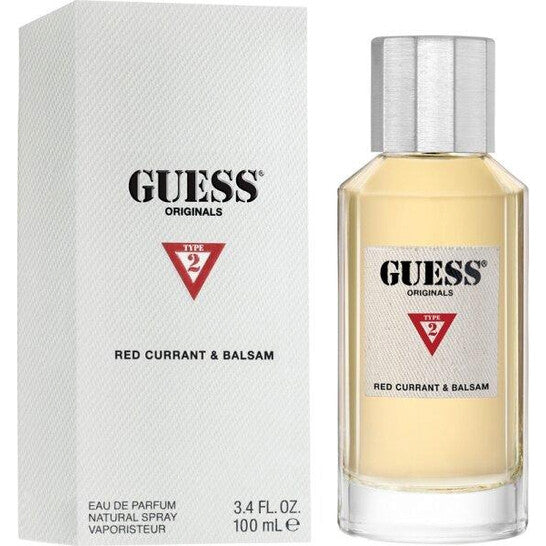 image showing the bottle and packaging for Guess Originals Type 2 Red Currant & Balsam Cologne By Guess Eau De Parfum Spray 100ml