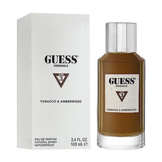 image showing the bottle and packaging for Guess Originals Type 3 Tabacco & Amberwood Cologne By Guess Eau De Parfum Spray 100ml