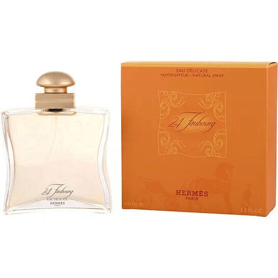 image showing the bottle and packaging for 24 Faubourg Eau Delicate Perfume By Hermes Eau De Toilette Spray 100ml