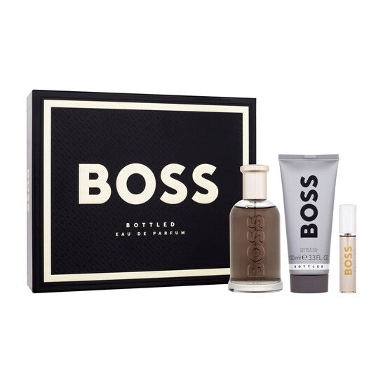 image showing the bottle and packaging for HUGO BOSS BOTTLED 3PC SET   EDP 100ML + SHOWER GEL 100ML + TRAVEL SPRAY 10ML set