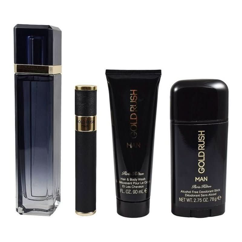 Paris Hilton Gold Rush Man 4pc Set   EDT Spray 100ml + 5ml Travel Spray + 90ml Body Wash + 75g Deo Stick set  - Just Perfume